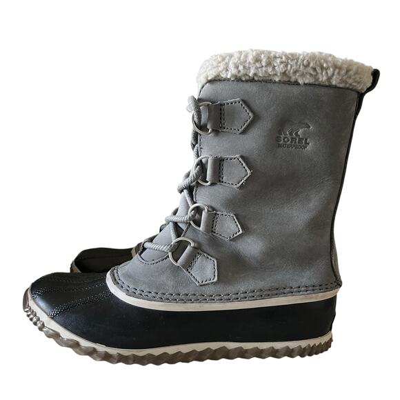 SOREL Caribou Slim Gray Waterproof Snow Boots Sz 9 Faux Fur Insulated Leather - Picture 4 of 7